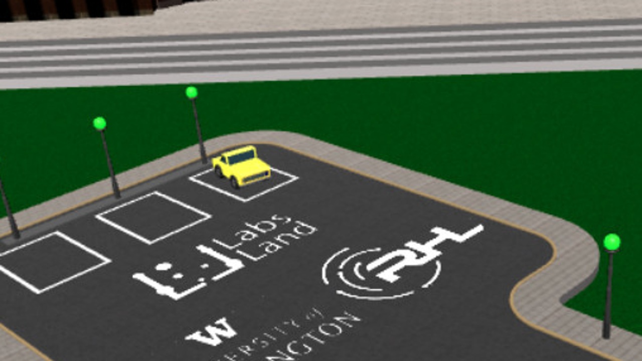 Parking Lot 3D simulation with spaces, indicator lights, and a moving vehicle